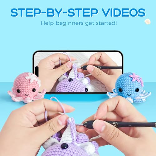 Image of Crochet Kit for Beginners: Make 3 Cute Amigurumi Animals with Easy-to-Follow Video Tutorial, Complete Beginner Crochet Kits for Kids Adults, Creative Christmas Birthday Gift Idea for Women & Girls