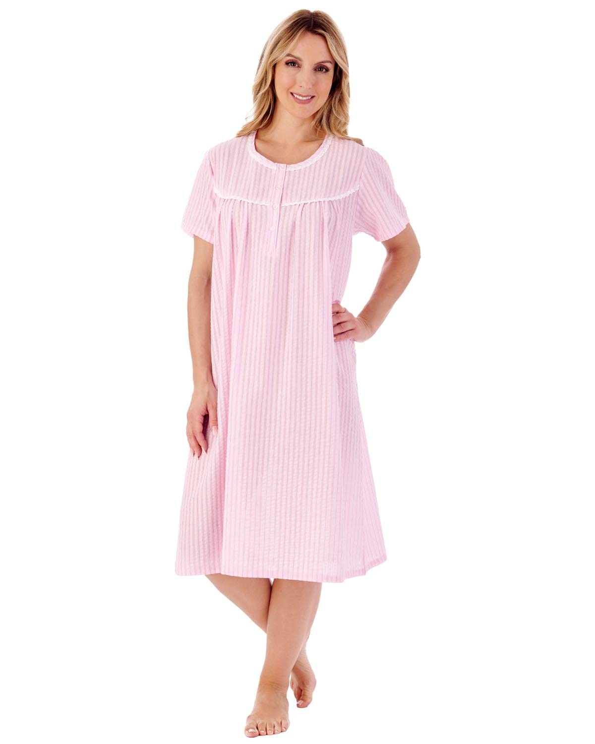 Slenderella Seersucker Short Sleeve Buttoned Top 42 inch Nightdress (28/30, Pink)
