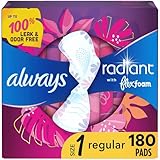 Always Radiant Feminine Pads for Women, Size 1, Regular Absorbency, Light Clean Scent, 30 Count- Pack of 6 (180 Count Total) (Artwork May Vary)
