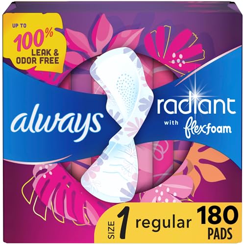 Always Radiant Feminine Pads for Women, Flexfoam Pads with Wings, Size 1, Regular Absorbency, Lightly Scented, 180 Count (6 Packs of 30)