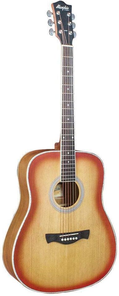Violão acústico Tagima Memphis MD-20 na cor cherryburst, corpo dreadnought, tampo com acabamento gradiente do vermelho para o bege, braço em madeira escura, fundo e laterais com acabamento cherryburst