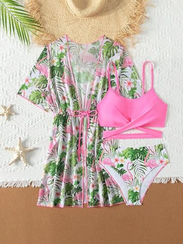 Image of WDIRARA Girl's 3 Piece Swimsuits Tropical Print Criss Cross Bikini Set with Kimono Cover Ups