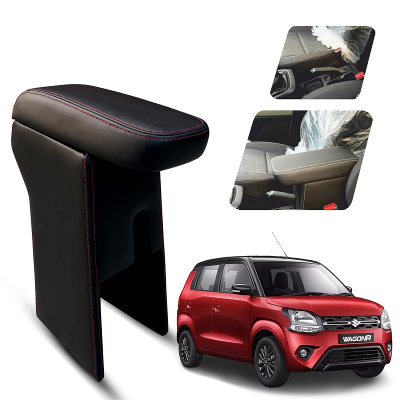 Image of Carigiri Premium Finish Car Armrest for Maruti Suzuki New WagonR with Moulded Foam And Storage Compartment (Nappa Leatherette,Double Stitching)(Models-2019-2024) (Red Seam)