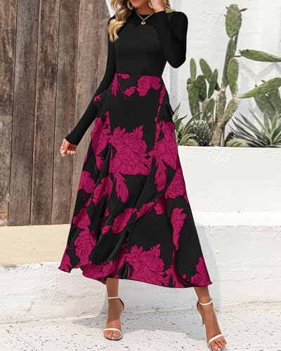 Image of BTFBM Womens Floral Maxi Dress Fall 2025 Casual Crewneck Long Sleeve Ruffle Flowy Cocktail Wedding Guest Dresses
