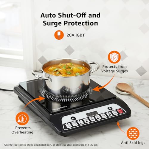 Image of Amazon Basics 1600W Induction Cooktop | 7 Pre-Set Cooking Menus | LED Display | Smart Push Buttons I Energy Efficient, Auto Cut-off, 20A IGBT & 4KV Surge Protection I Black