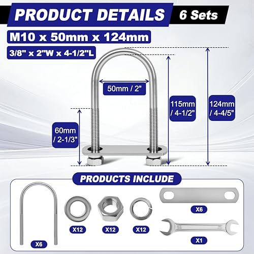 Image of 6 Sets M10 U Bolts 2 Inch Wide, 3 /8 inch x 2 inchW x 4-1 /2 inchL