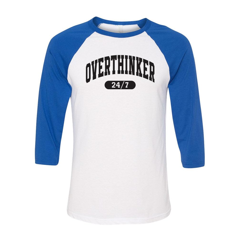 TeesAndTankYou Overthinker 24/7 Three-Quarter Raglan Sleeve Baseball Shirt Unisex X-Large White/Royal