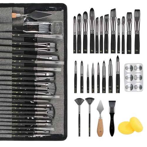 Recopilación de Pinceles y brochas Top 5. 43 27Pzs Kit Pinceles para Pintura Acrilica y Óleo Con Bolsa de Lona, Cepillos de Pintura de Cabeza Plana y Punta con Cuchillo de Paleta y Esponja, Pincel Acuarela Gouache para...