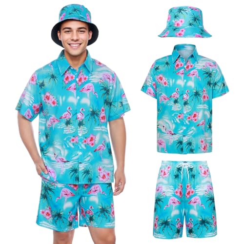 SERTAS Hawaii Hemd Männer 3 Pcs Hawaii Outfit Herren mit Flamingo Hemd Shorts Fischerhut Freizeit Festival Outfit Herren Flamingo Hemdn Set (Blau L)