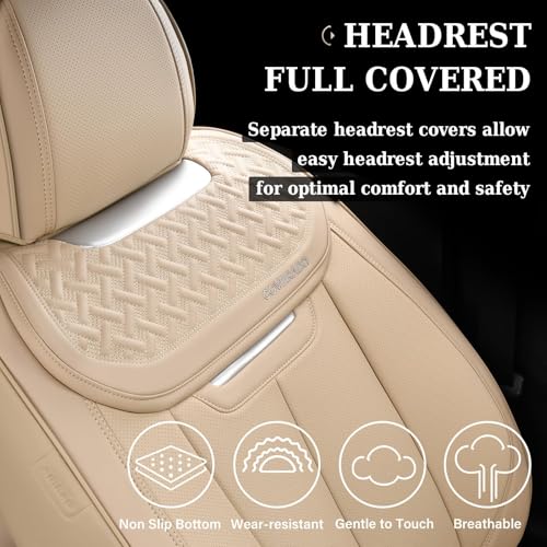 Image of Coverado Seat Covers, Car Seat Covers Front Seats, Beige Nappa Leather Car Seat Covers, 2 Pack Waterproof Front Seat Covers, Breathable Leather Seat Cushion Universal Fit Most Cars Trucks