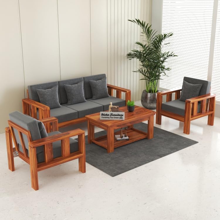 Image of Wooden Sofa Set for Living Room, Office | Solid Wood 5 Seater Sofa with Cushion, 3+1+1 Sofa Set in Natural Teak Finish