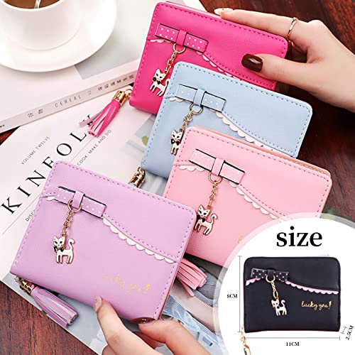 Suxgumoe Small Wallet for Women Girls PU Leather Bifold Short Wallet Tassels Cute Cat Women Wallet Ladies Purse with Coin Pocket (ROSE RED)3