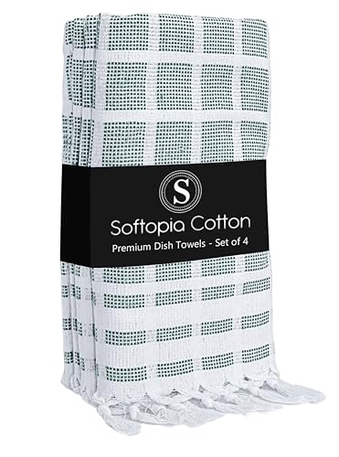 Image of Matrix Dobby Kitchen Towels 4 Pack, 100% Cotton, 16x26 Inches, Reusable Dish Towels with Handmade Tassels, Washable Absorbent Tea Cloths for Cleaning, Cooking - Forest Green, White