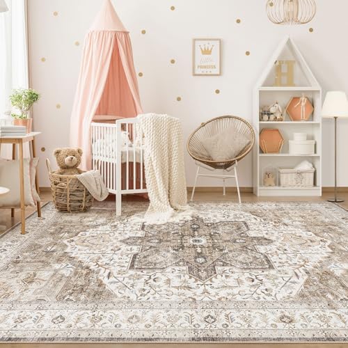 Tortania Area Rug Living Room Rugs - 9x12 Washable Boho Rug Vintage Oriental Distressed Farmhouse Large Thin Indoor Carpet for Living Room Bedroom Under Dining Table Home Office - Brown