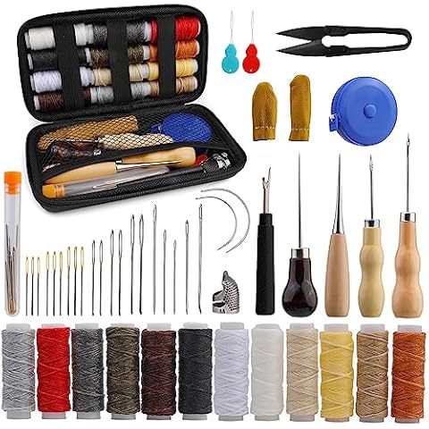 TLKKUE Leather Upholstery Repair Sewing Kit, Leather Crafting Tools and Supplies Leather Working Kit with Waxed Thread Heavy Duty Sewing Needles Awls Thimble for Shoes Sofa Carpet Repair and Sewing Cover