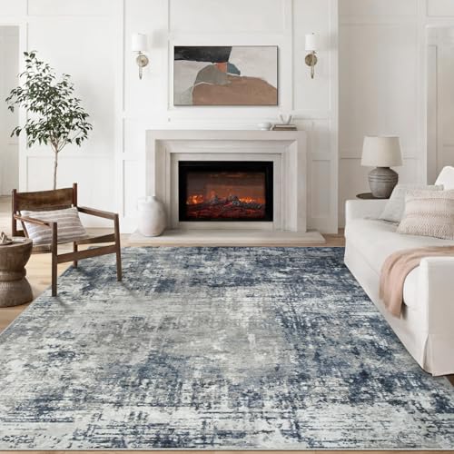 Blue Grey Abstract Washable Rug