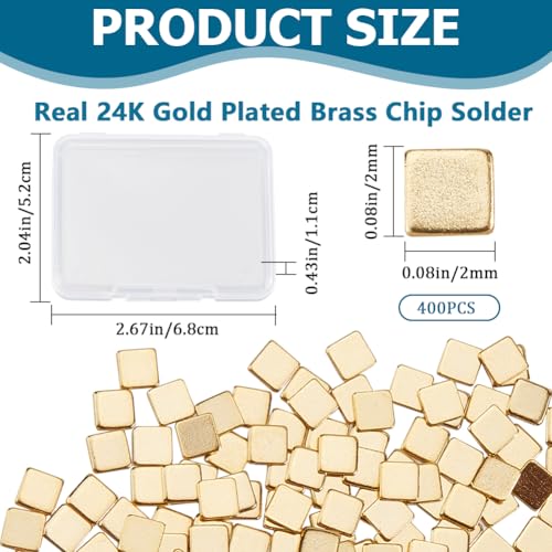 Image of CREATCABIN 400Pcs Real 24K Gold Plated Chip Solder Brass Solder Chips Flux for Jewelry Precut Tiny Ultra Low Temp Easy Welding Solder Square for DIY Jewelry Making Repair Electronic Soldering 2x2mm