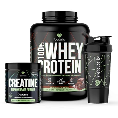 Pack Foodelis Premium Proteína Whey 2,27 kg Chocolate + Creatina Creapure 500g + Shaker | Whey Protein con Glutamina Nautral y Aminoácidos Esenciales | Máxima Absorción y Digestión Fácil