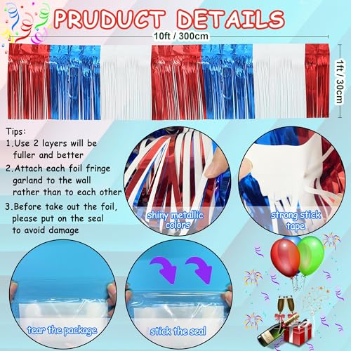 Image of 4 Packs Total 39 Feet 4th of July Parade Floats for Trailer Car, Red White Blue Foil Fringe Garland Patriotic Tinsel Streamers Banner Table Skirts for Graduation Homecoming Wedding Birthday Party