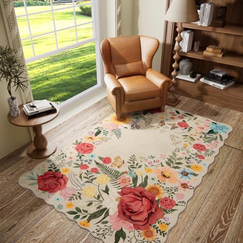 NoiFamo Washable Entryway Small Area Rugs: Door Mat Indoor Entrance 4x6 Floral Rug Ultra Thin Stain Resistant Non Slip Low Pile Lightweight Carpet for Bedroom, Kids Room, Farmhouse Decor (Beige)