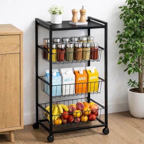 Image of WINSTAR Metal Rolling Trolley with Lockable Wheels | Heavy Duty Multifunctional Storage Cart with Pull-Out Wire Baskets | Fruit Vegetable Organizer Rack with Tabletop (Black, 3-Tier wd Tabletop)