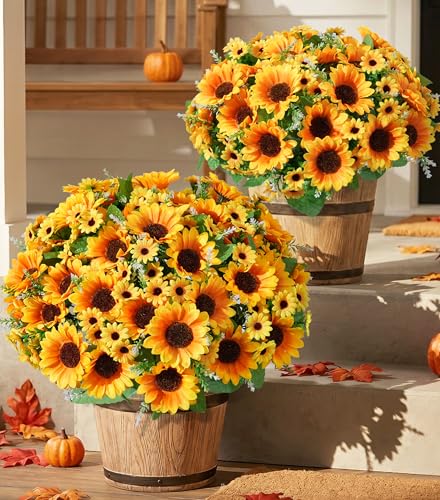 Image of Artificial Sunflowers for Outdoors, 10 Bunches Fake Sunflowers Artificial Flowers for Outdoors Decor, UV Resistant Realistic Faux Silk Flowers Bouquet for Outside Planter Porch Patio Garden Home Decor