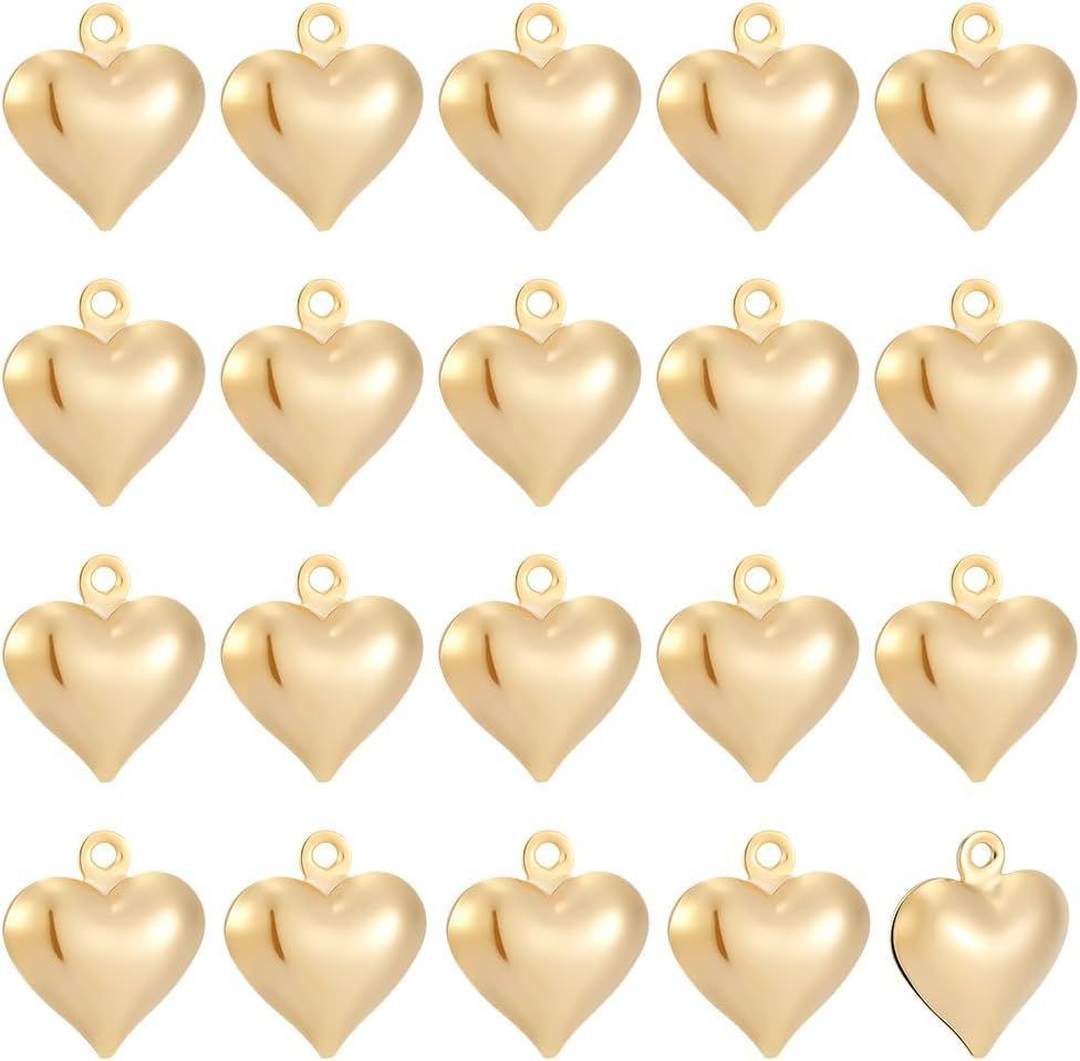 Beebeecraft 1 Box 80Pcs Puffy Gold Heart Charms 3D Valentines Charms Real 24K Gold Plated Brass Small Hearts Love Aesthetics Pendants for Necklaces Bracelets Earrings Jewelry Making DIY Crafts