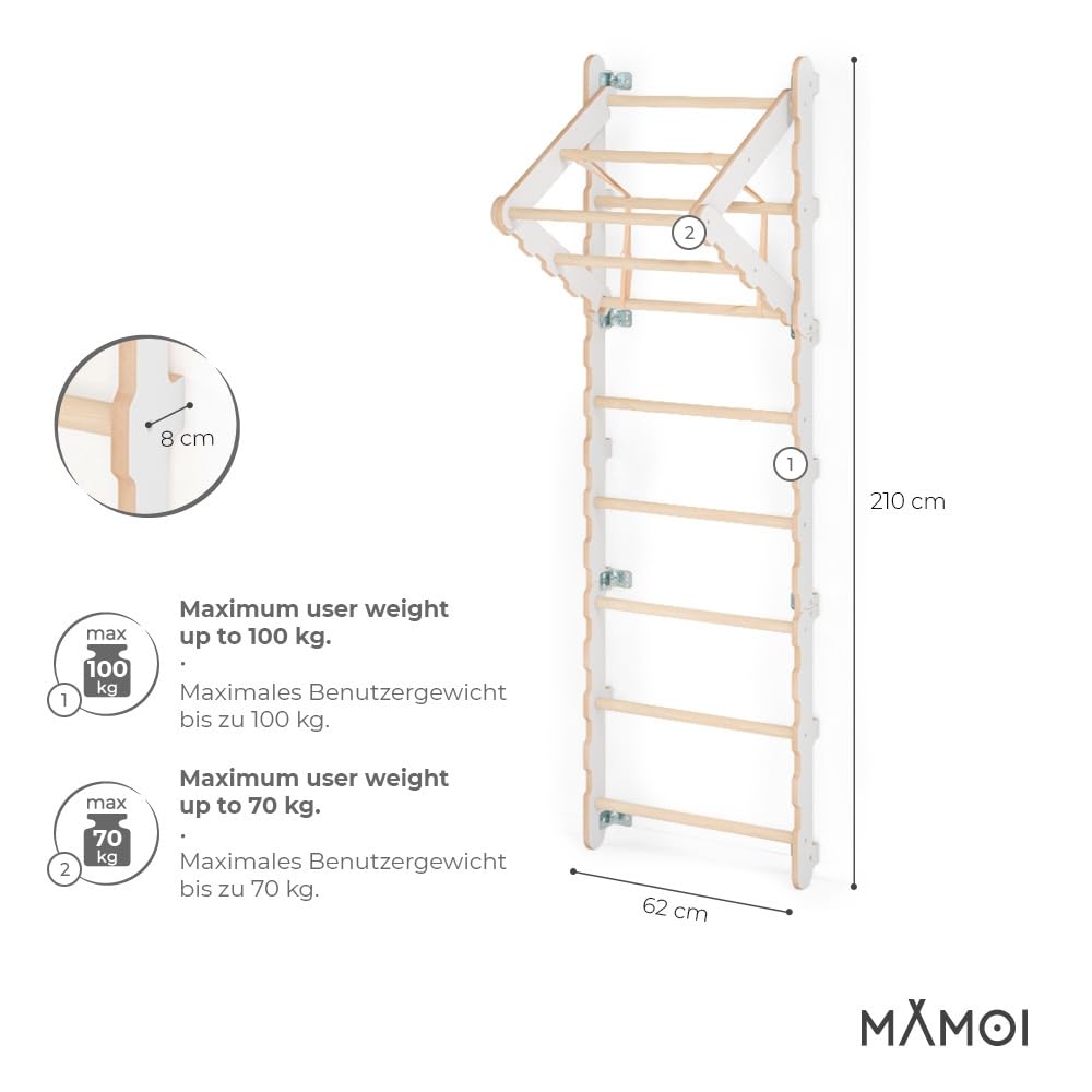 6-in-1 houten klimrek voor binnen, klimrek voor kinderkamer, turnringen voor klimmen, klimwand en speeltoestellen, turntoestellen met optrekstang voor vanaf 3 jaar