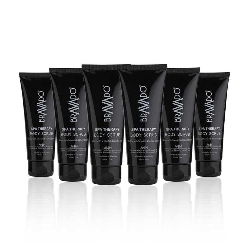 Image of BRAVADO Spa Therapy Body Scrub for Men 100g (Pack of 6) | Deep Exfoliating Body Polish | Removes Dead Skin, Tan & Roughness | Smooth, Clear & Energised Skin | Weekly Spa Treatment