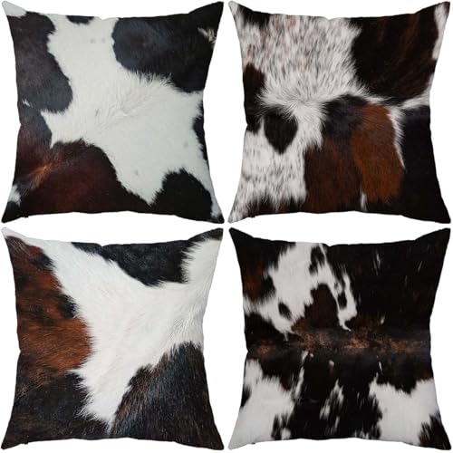 ZHLF Set of 4,Black White Cowhide Pattern Decorative Throw Pillow Cover Rustic Animal Skin Pillowcase Farmhouse Cozy Cushion Case Decor for Sofa Couch Bed 18