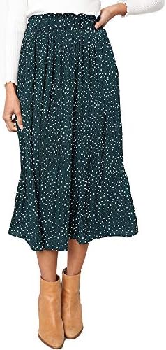Exlura Womens High Waist Polka Dot Pleated Skirt Midi Swing Skirt with Pockets Green Small