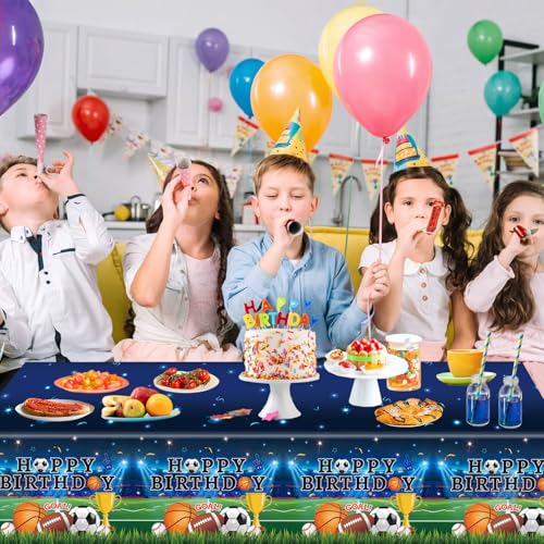 Image of LINHAXM 4 Pack Sports Tablecloths, 54 x 108 Inch, Multicolor, Rectangular, Plastic, Sports Party, Spill Resistant, Wipe Clean