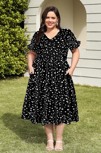Image of RITERA Plus Size Dresses for Curvy Women Summer Spring Womens Dress V Neck Short Sleeve Casual Dress with Pockets XL-5XL