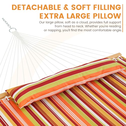 Image of Lazy Daze Double Quilted Hammock with Pillow and Carabiners, Vivid Stripe | 12FT 2 Person Outdoor Hammock with Hardwood Spreader Bars and Chains for Outside, 450lbs Weight Capacity