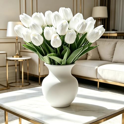 Tdsuco 25Pcs Tulips Artificial Flowers Faux Tulips Artificial Tulips Real Touch Tulip Fake Flowers Bouquets for Spring Wedding Home Kitchen Office Party Decor (White)