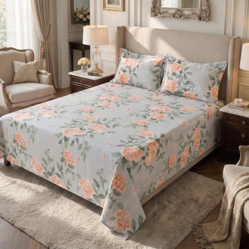 Image of Home Elegance from House of Mytrident | Linen Feel Bed Sheet for Double Bed King Size with Two Pillow Covers | Ultrasoft | Floral 274cm x 250cm | myTrident - Olive Coral
