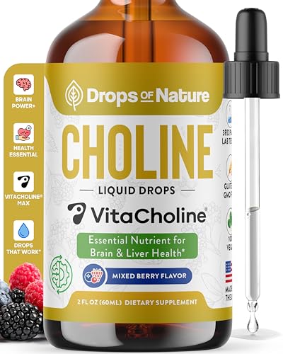 Choline Liquid Drops Supplement – Vegan, Gluten-Free, GMO-Free, Easy Absorption Formula – With Essential Nutrients for Brain Health and Vitality – Complements Inositol Supplements (Mixed Berry, 60 mL)