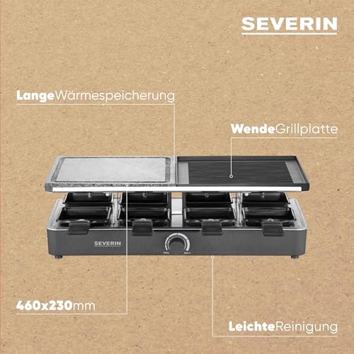 Foto von SEVERIN Raclette-Grill mit Naturgrillstein und Grillplatte, Raclette mit antihaftbeschichteter Grillplatte und 8 Pfännchen, Tischgrill für 8 Personen, max. 1300 W, schwarz, RG 2371