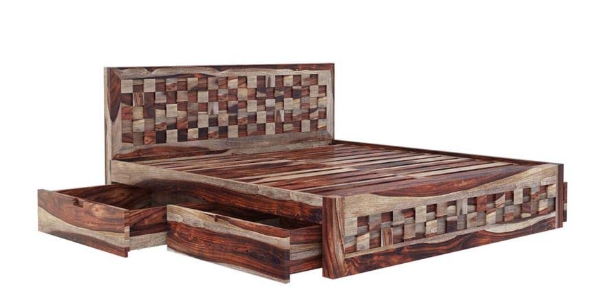 Image of Arman Handicrafts | Solid Masngo Wood Bed with Storage Drawers | Wooden Double Bed Frame with Headboard | Modern Bedroom Furniture Bed Cot for Home | Natural Brown Finish| King Size Bed