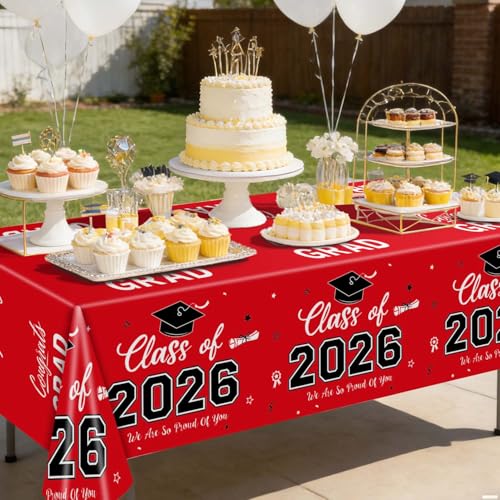 Image of Oigco 2026 Graduation Decorations, 2 Pack Red Graduation Tablecloths Class of 2026, Congrats Grad Plastic Table Cloths for Graduation Party Decorations, 54 x 108 Inch