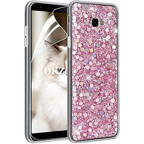 OKZone Compatible Galaxy J4 Plus 2018 Case [with HD Screen Protector], Bling Glitter Design Soft Gel TPU Silicone Skin Cover Anti-scratch Protective Case for Samsung Galaxy J4 Plus 2018 (Pink) Cover