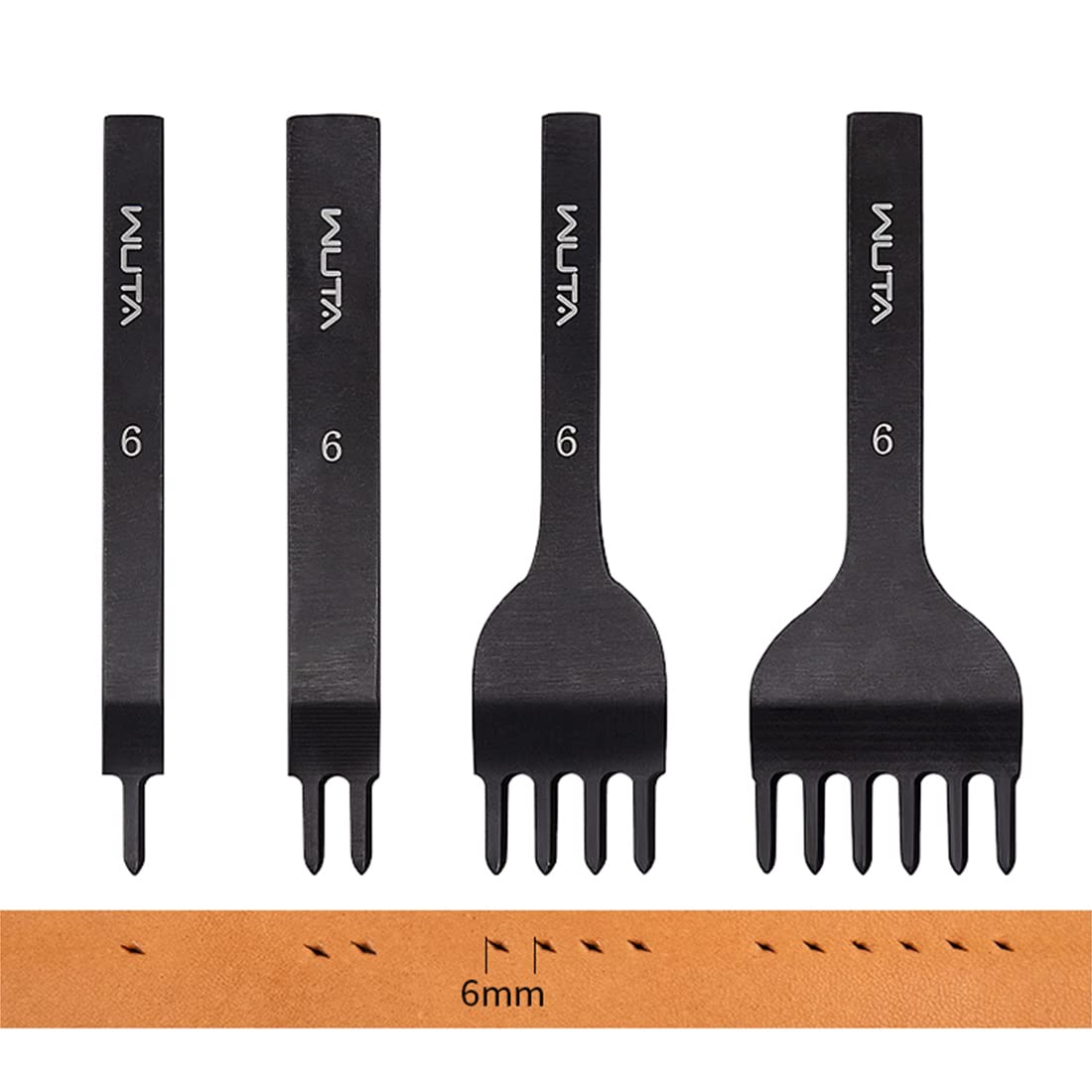 WUTA Leather Hole Punch Tool Pricking Iron Hole Puncher 6mm 1/2/4/6 Prong Tooth Lacing Diamond Stitching Chisel Set for DIY Leather Craft Kits (Black)