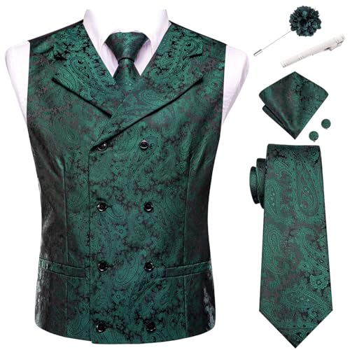 Hi-Tie Mens Silk Double-Breasted Suit Vest Tie Pretied Bowtie Laple Pin and Handkerchief Cufflinks Wedding Business Tuxedo