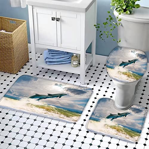 Zifarm Badematte rutschfeste 50x80 cm Delfin Badvorleger-Set 3D Drucken Himmel Ozean Mikrofaser Flanell Absorbierend… – Bild 4