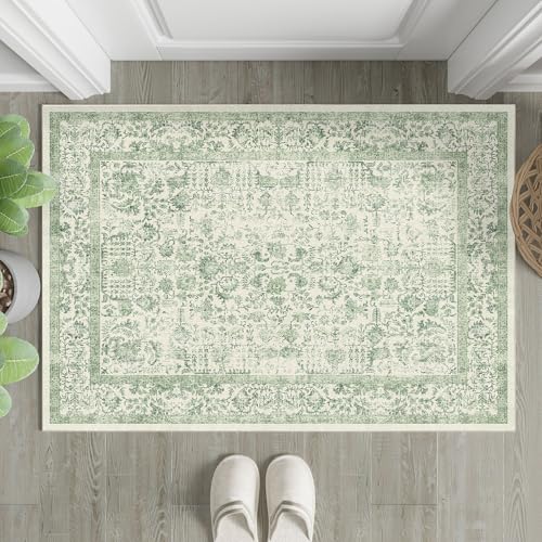 Sage Green Area Rug 2x3 Washable Vintage Distressed Entryway Carpet Non Slip Neutral Door Mat Low Pile Retro Floral Farmhouse Accent Throw Small Rug for Bathroom Laundry Kitchen Dining Room
