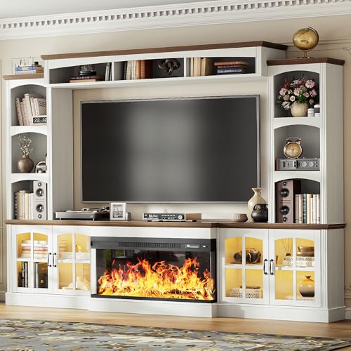 OneBlis 98 Farmhouse TV Stand with 36 Electric Fireplace Bookshelves Fits 75 TVs Entertainment Center with Storage Cabinet Large Wall Unit Media Console for Living Room White