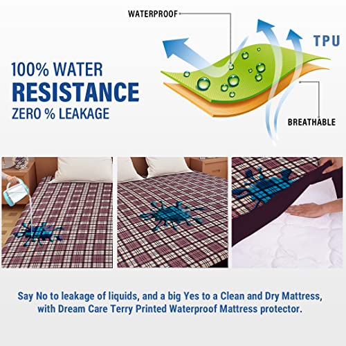 Image of DREAM CARE Waterproof Fitted Terry Cloth Printed Mattress Protector for Queen Size Bed with Elastic Strap - 72 inchx60 inch, Grey