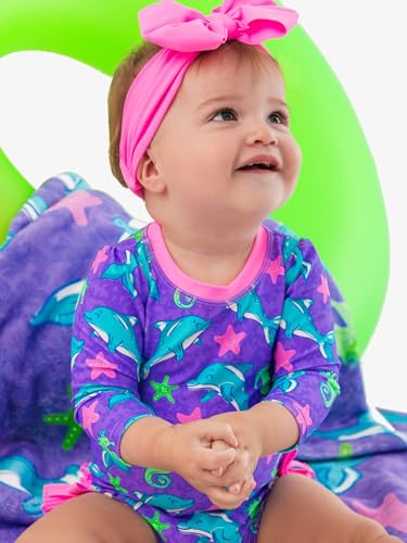 Image of RuffleButts Baby Girls UPF 50+ Sun Protection Floral Printed Long Sleeve One Piece Rash Guard Swimsuit with Zipper