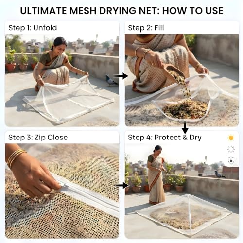 Image of Large Pure Cotton Papad & Vadagam Drying Cloth with Protective Zipper Net Cover | Reusable Breathable SunDrying Sheet for Spices, Millets, Grains Indoor Outdoor Terrace Food Mat, Pack of 1 Size 48*36