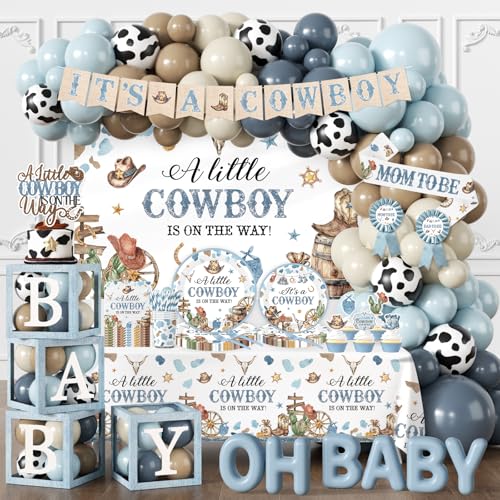 Cowboy Baby Shower Party Decorations for Boy A Little Cowboy is on the Way Disposable Paper Plates Balloons Arch Napkin Cake Topper Backdrop Tablecloth Banner for Wild West Baby Shower Party Supplies